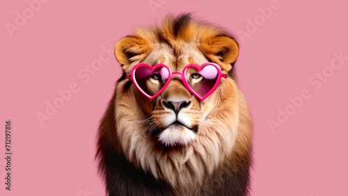 Lion in glasses in the shape of a heart on a pink background Valentines Day.