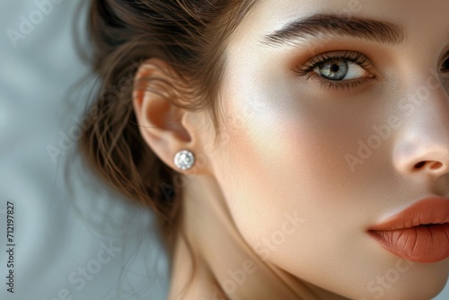 Close up of gorgeous woman with sparkling diamond earrings photo