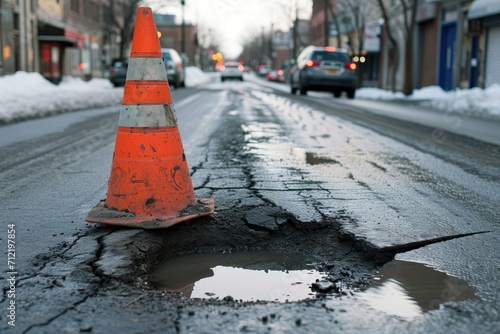 Montreal traffic cone marking a sizable circular pothole photo