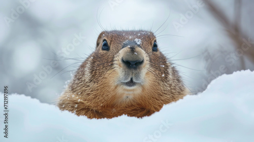 A curious groundhog emerges from the snow, whiskers frosted, signaling the whimsy of Groundhog Day