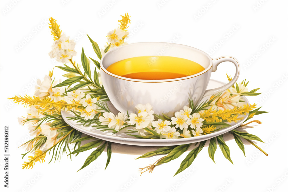 Herbal tea with fresh chamomile flowers on sackcloth isolated on white background Herbal tea with fresh chamomile flowers on sackcloth isolated on white background