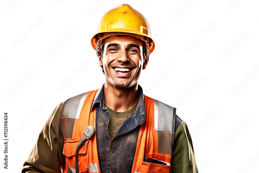 Close-up of a smiling male road worker in uniform, helmet, special clothing, white background isolate. Close-up of a smiling male road worker in uniform, helmet, special clothing, white background isolate.