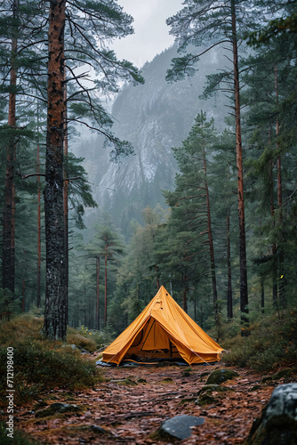 Tent in a misty forest setting with a mountain backdrop. Nature adventure photography. Solitude and exploration concept. Design for poster, print