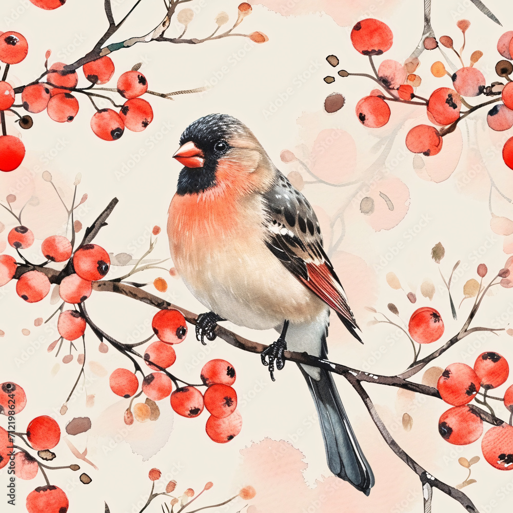Finch on berry branch. Watercolor illustration with place for text. Nature and wildlife theme. Design for greeting card, invitation. Seamless
