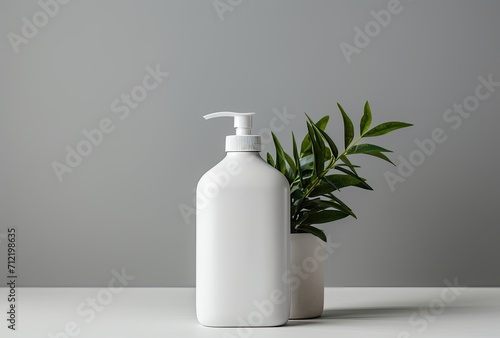 empty bottle mockup of white blanc dispenser on a white table counter photo