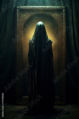 mysterious hooded woman in front of a magic mirror