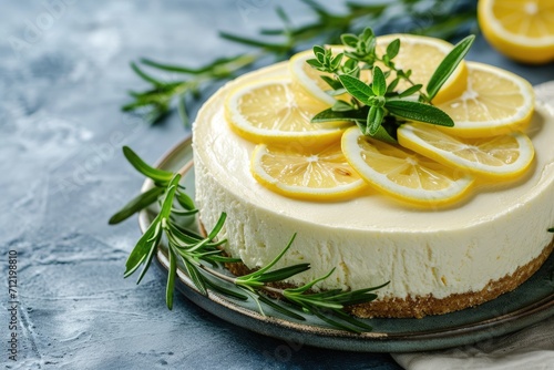 Rosemary mint and lemon slices enhance lemon vanilla cheesecake Blue concrete background close up