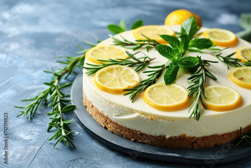 Lemon vanilla cheesecake adorned with rosemary mint and lemon slices Ricotta cheesecake without crust Blue concrete backdrop