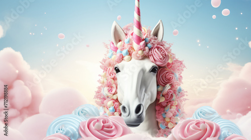 Unicorn in the snow with candy pompons on white background