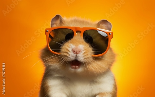 Hamster with orange sunglasses on orange background © Oksana