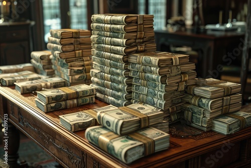 Table with stacks of money photo