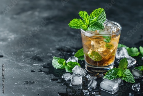 Mint julep on dark surface surrounded by glass