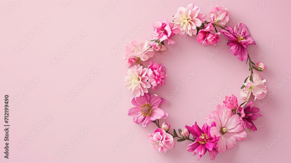 Flowers composition. Wreath made of pink flowers on pink background. Flat lay, top view, copy space