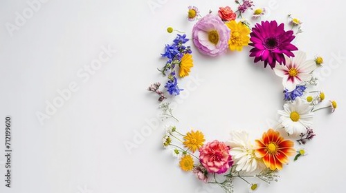 Flowers composition. Wreath made of various colorful flowers on white background. Easter, spring, summer concept. Flat lay, top view, copy space
