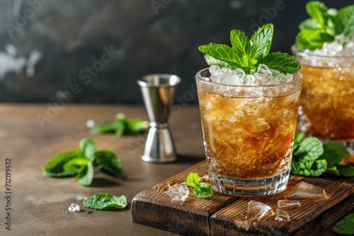 Alcoholic mint julep cocktail on a wooden board in a pub or restaurant