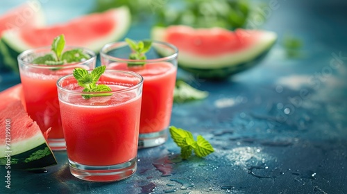 Freshly squeezed juice from a watermelon on a table in glasses. Preparation of a cocktail or a non-alcoholic drink. Healthy Eating and Fruitarianism