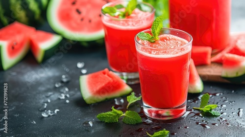 Freshly squeezed juice from a watermelon on a table in glasses. Preparation of a cocktail or a non-alcoholic drink. Healthy Eating and Fruitarianism