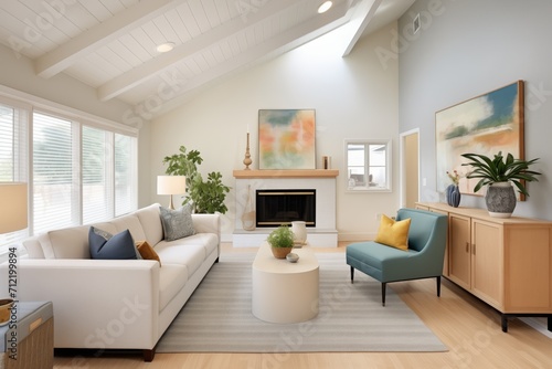 saltbox living room with vaulted ceilings and recessed lighting photo