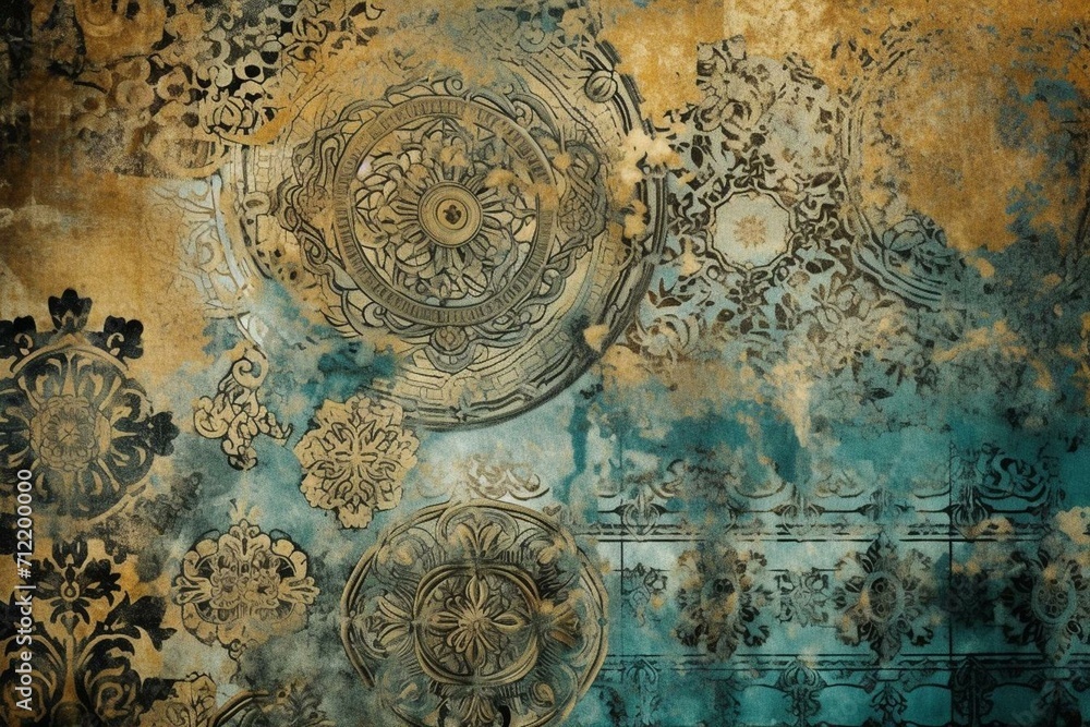 Elaborate vintage design with gold and blue tones and aged print texture. Generative AI