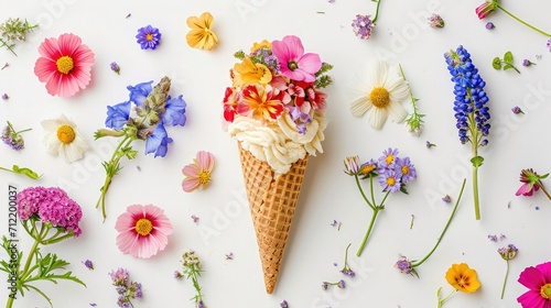 Ice cream cone with colorful flowers on white background. Flat lay. Minimal summer concept.