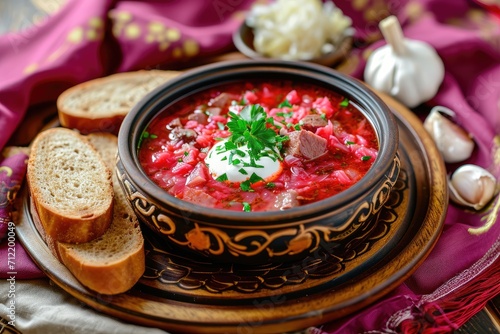 Traditional Ukrainian borsch a meaty beet and cabbage soup served with rye bread sour cream garlic and lard on a wooden plate