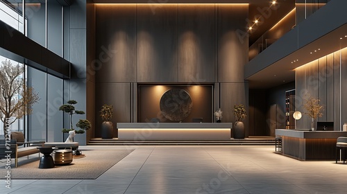The largest sales reception hall with a Zen minimalist style, Dark gray and beige. Generative AI. photo