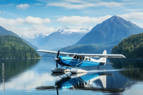 A serene landscape of mountains and a seaplane landing gracefully on calm, blue waters. Generative AI photo
