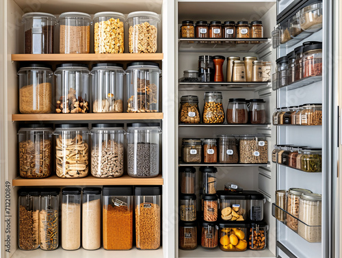 Assorted dry foods in transparent containers on wooden pantry shelves. Home organization and storage solution concept with copy space for design and print