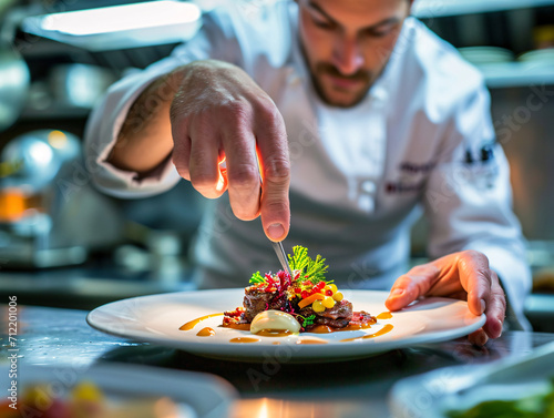 Fototapeta Naklejka Na Ścianę i Meble -  Chef carefully adding finishing touches to a plated dish in a restaurant kitchen. Culinary art and attention to detail concept for design and print