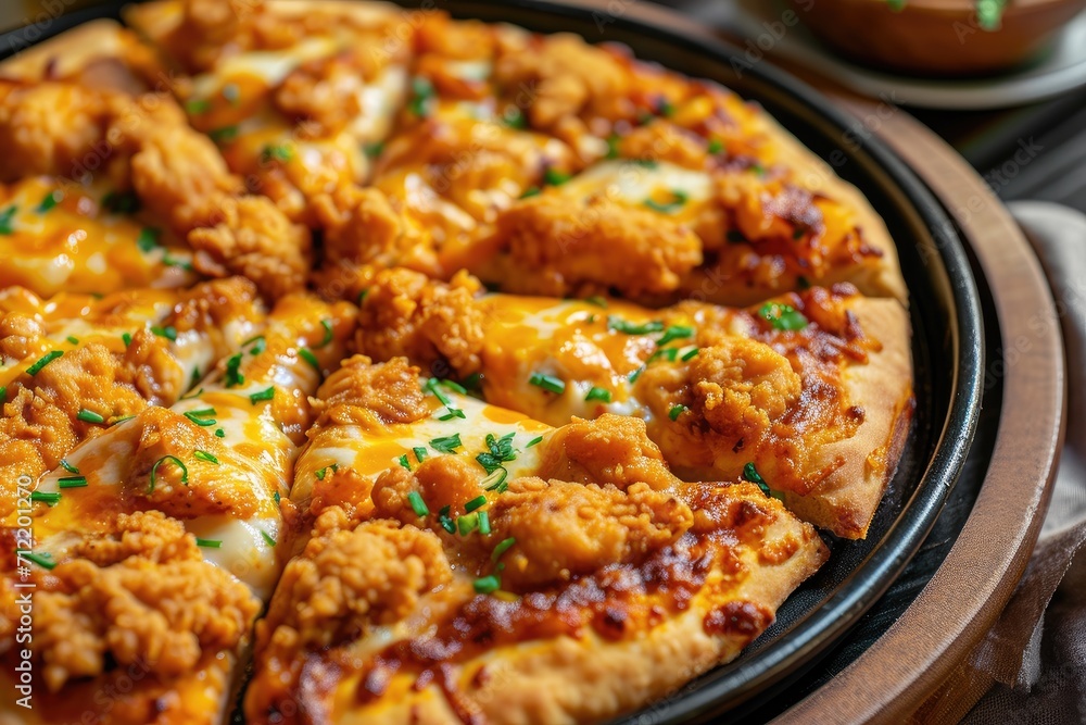 Cheesy pizza topped with homemade fried chicken Cheesy pizza topped with homemade fried chicken