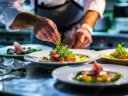 Chef garnishing a roasted meat dish with fresh greens in a professional restaurant setting. Culinary expertise and presentation concept for design and print