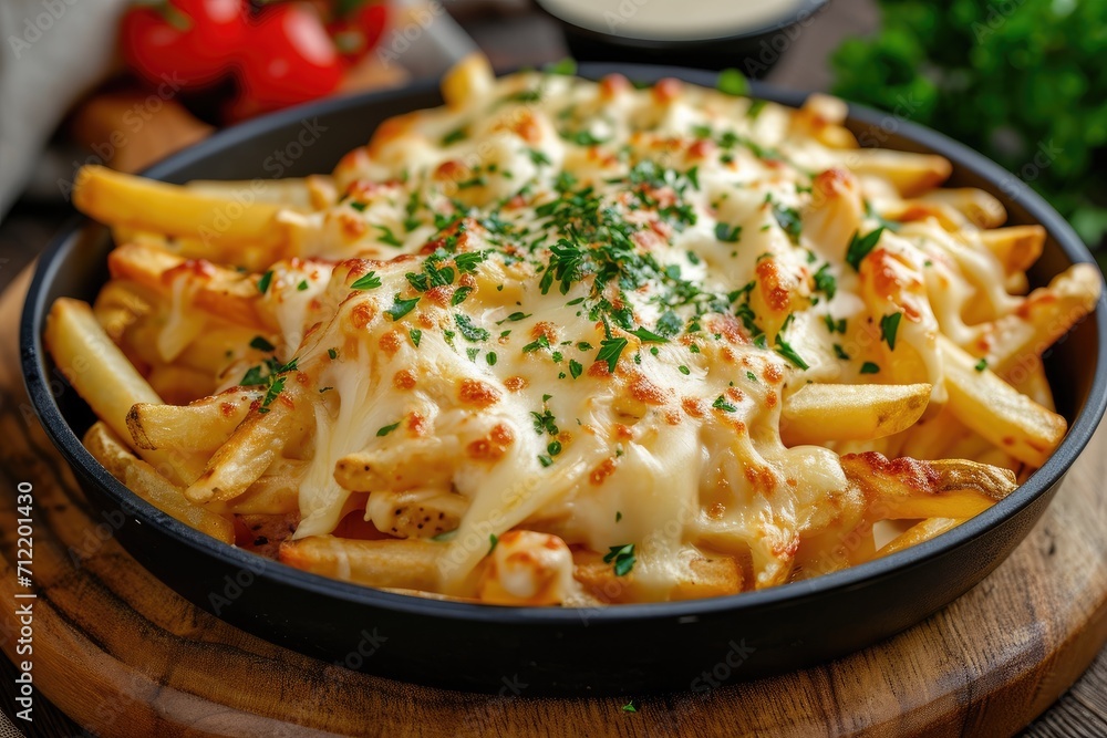 Delicious fries oozing cheese sauce with herbs on a wooden board