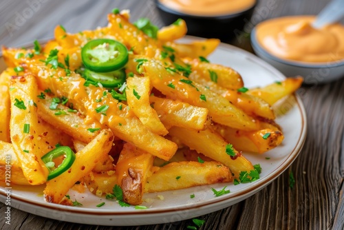 Cheesy cheddar fries with jalapeno and sauce on a wooden plate
