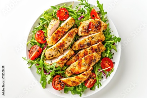 Top view of a healthy diet lunch consisting of chicken fillet and salad following the keto diet on a white background