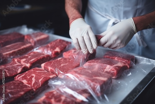 Butcher Expertly Packages Quality Beef Steaks. Freshness in Food Processing.