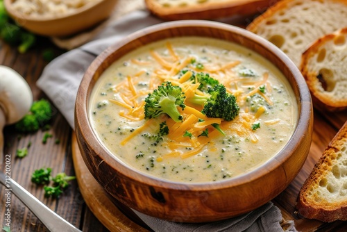 Top view of creamy broccoli cheddar cheese soup in a wooden bowl with toasted bread