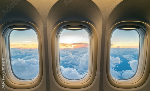 Variety of airplane windows with diverse scenes photo
