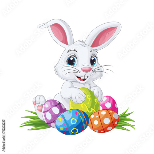 Easter bunny with easter colorful eggs and grass png transparent background.