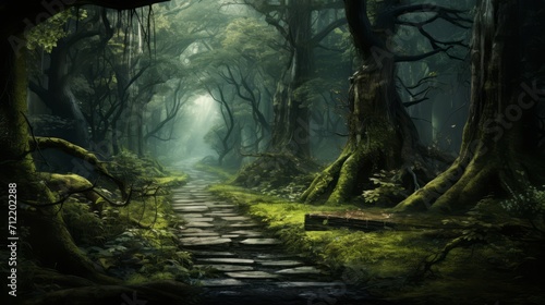 Sunlit Pathway Through Dense  Green Forest