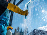 Person cleaning windows with a squeegee and soap. Residential maintenance and housekeeping concept for design and print