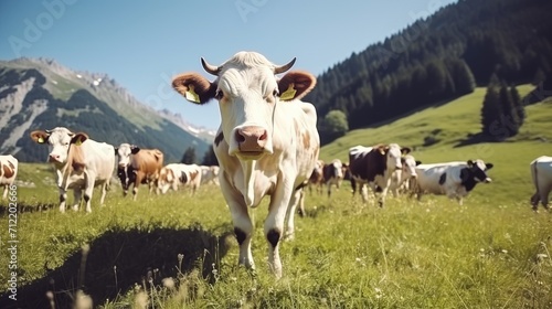 A herd of well-groomed, beautiful, healthy cows graze on a green meadow in the mountains. Modern farm life. Ecologically clean products. Dairy industry. High quality photo