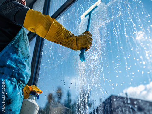 Person cleaning windows with a squeegee and soap. Residential maintenance and housekeeping concept for design and print photo