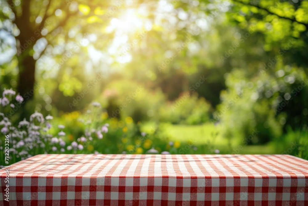 Tablecloth on empty table against bokeh garden background Tablecloth on empty table against bokeh garden background