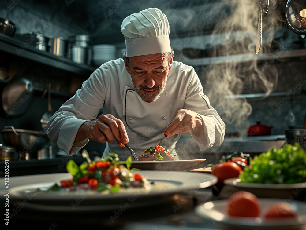 Experienced cook adding final touch to a gourmet meal in a professional kitchen setting. Gastronomy and culinary expertise concept. Design for cookbook, culinary blog. Action shot with focused lightin