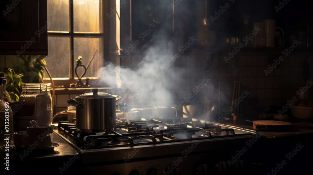 Boiling water with steam in a pot on an electric stove in the kitchen. Boiling water with steam in a pot on an electric stove in the kitchen.