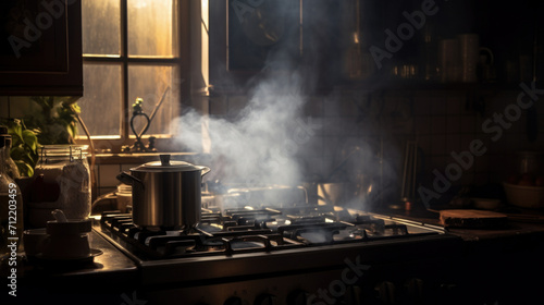 Boiling water with steam in a pot on an electric stove in the kitchen.