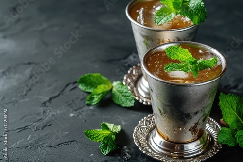 Fresh whisky cocktail served in a silver cup known as Mint Julep