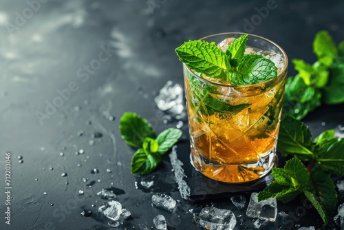 Refreshing bourbon cocktail on a table with mint