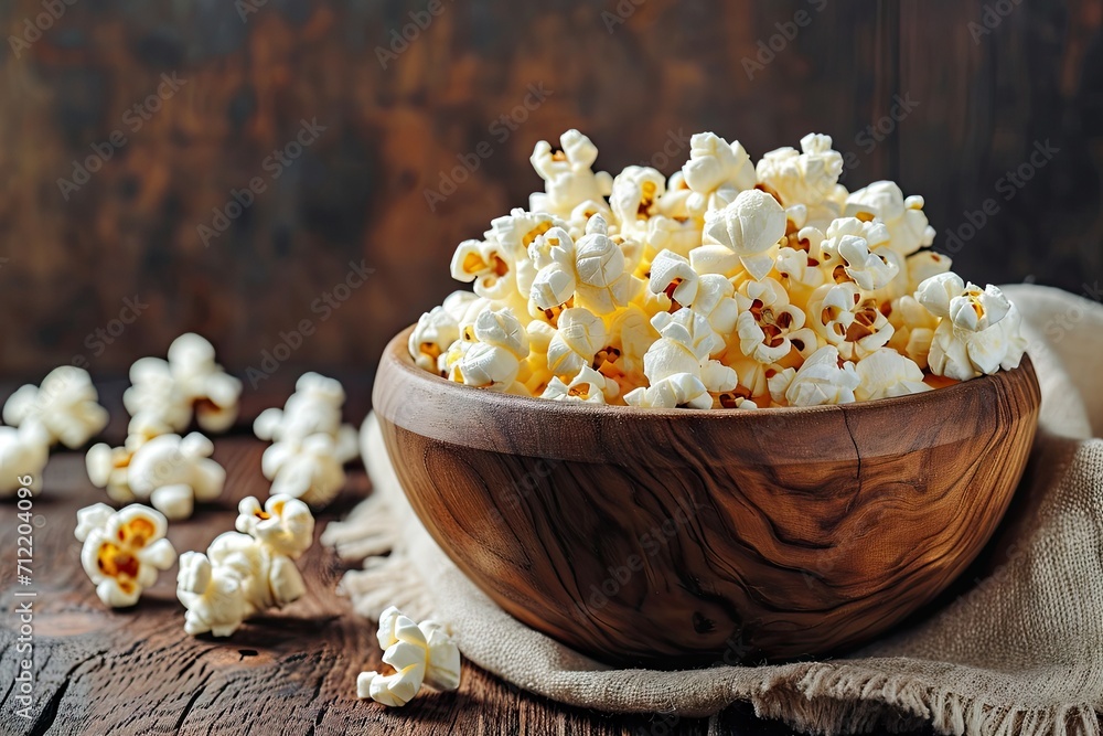 Selective focus on wooden bowl of salted popcorn on old table with dark background Selective focus on wooden bowl of salted popcorn on old table with dark background