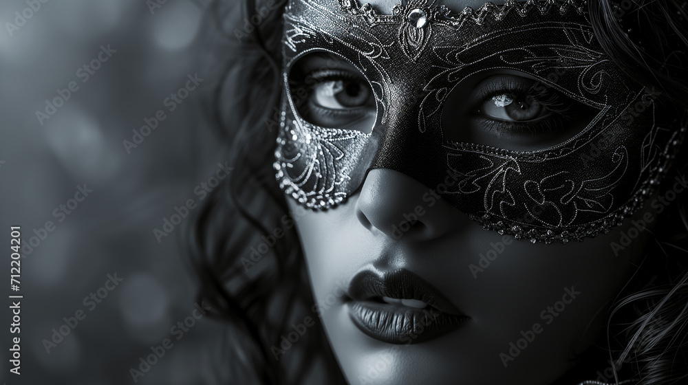 A young beautiful Latin American woman in a carnival mask. New Year's holidays, carnival, birthday, Venice. Photorealistic, monochrome, background with bokeh effect. 